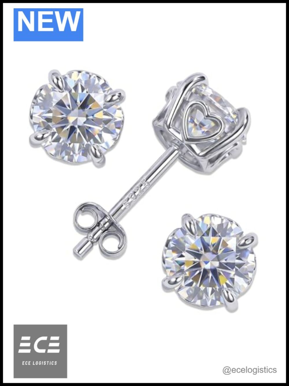 Moissanite Stud Earrings 925 Sterling Silver 18K Gold Plated Screw Back 2CT